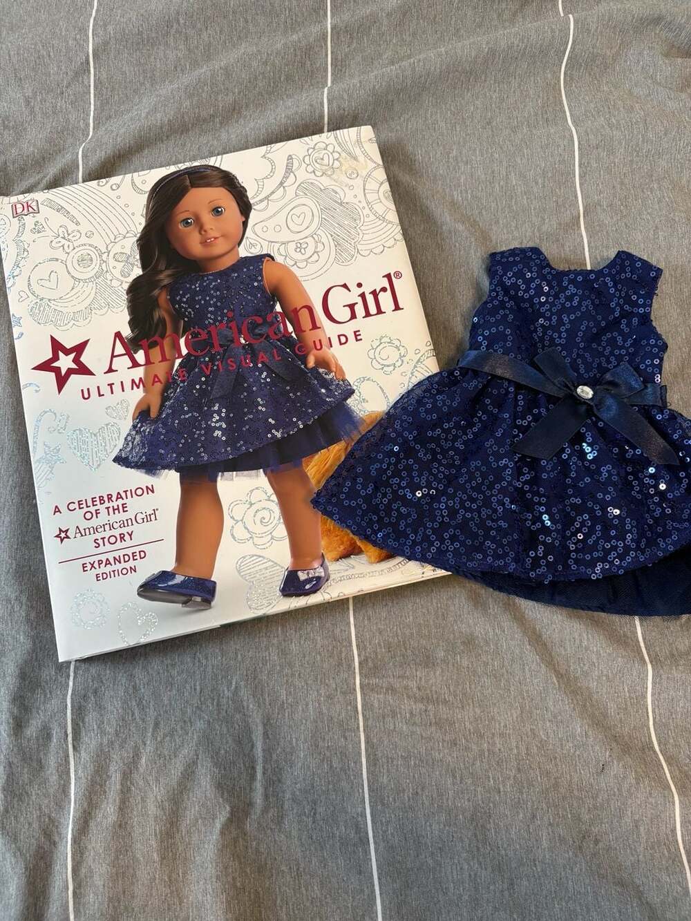 American Girl Happy Holiday Blue Sparkle Sequin Doll Dress Outfit and Book
